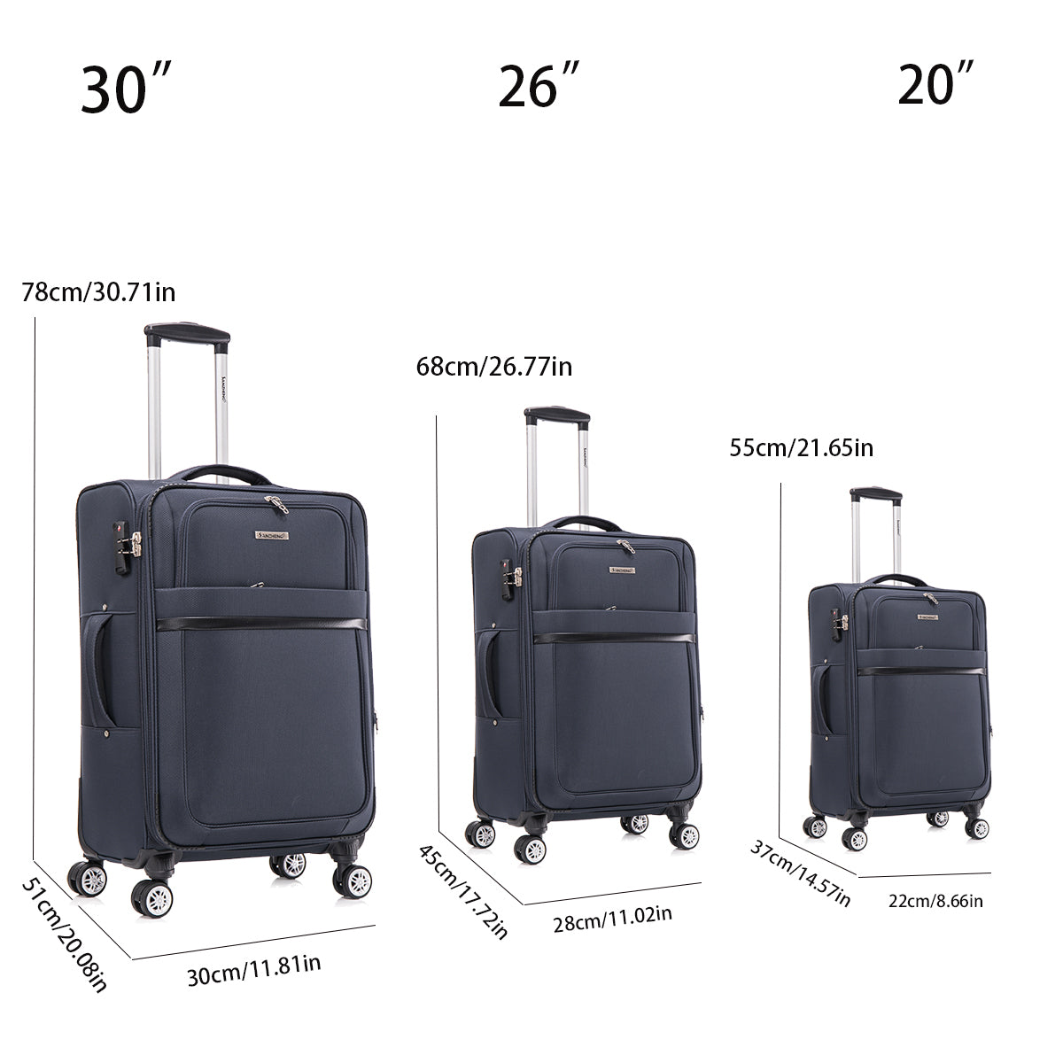 3-piece fabric soft luggage set with swivel wheels and password lock, dark blue, 20/26/30 inches