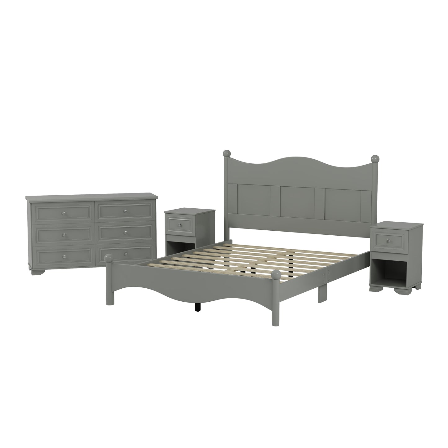 4-Pieces Retro Style Bedroom Sets, Queen Size Platform Bed with Elegant Design, Storage Nightstand and Dresser with Metal Handle, Gray