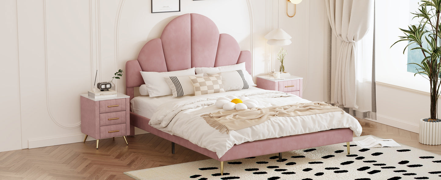 3 Pieces Bedroom Sets, Queen Size Modern Velvet Upholstered Bed Frame with  Petal Shape Headboard, 3 Drawers Nightstands, Pink