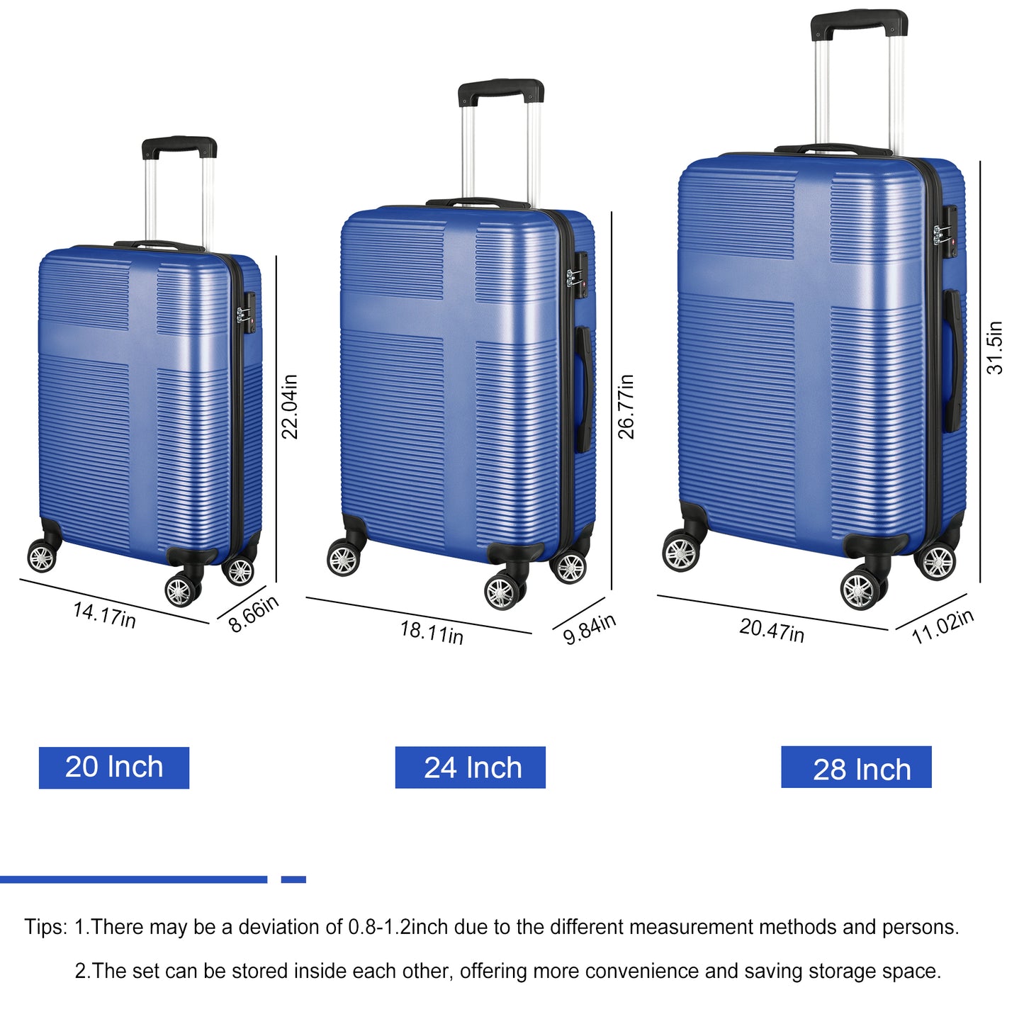 3 Piece Luggage with TSA Lock ABS, Durable Luggage Set, Lightweight Suitcase with Hooks, Spinner Wheels Cross Stripe Luggage Sets 20in/24in/28in