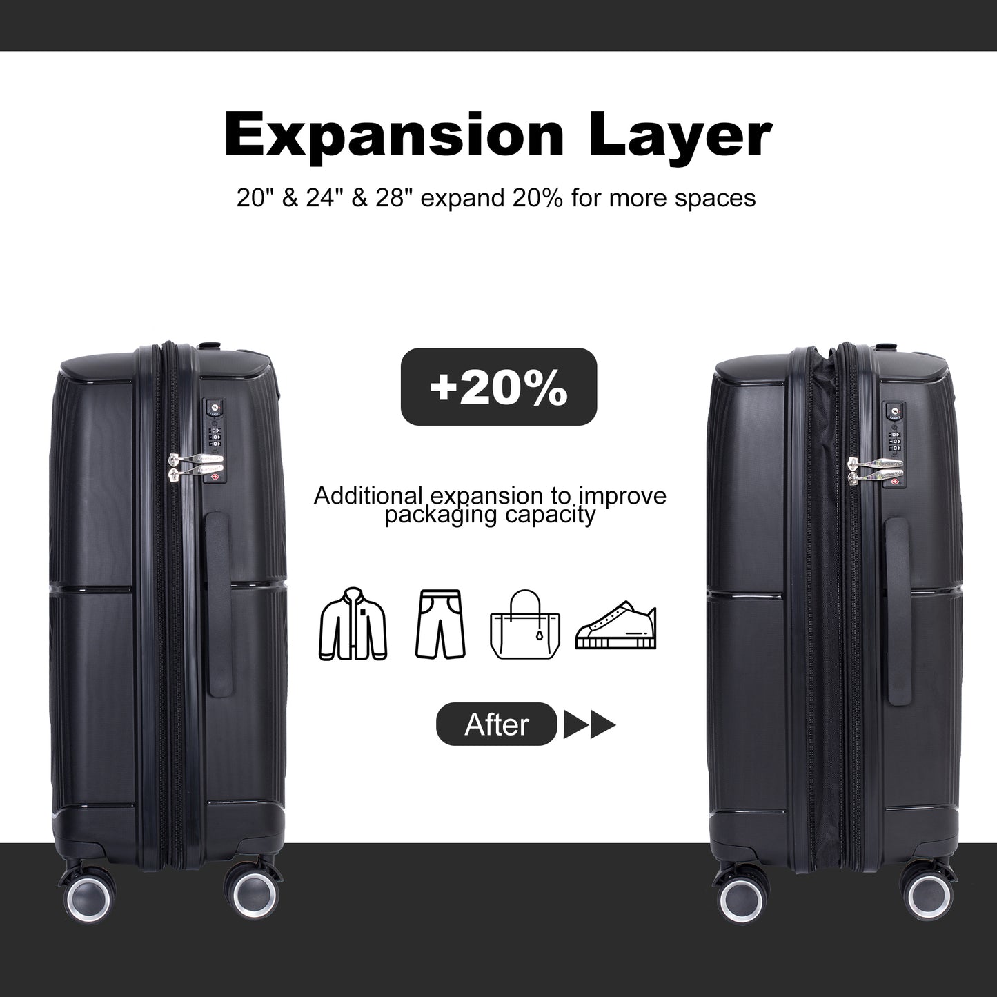 Expandable Hardshell Suitcase Double Spinner Wheels PP Luggage Sets Lightweight Durable Suitcase with TSA Lock,3-Piece Set (20/24/28) ,Black