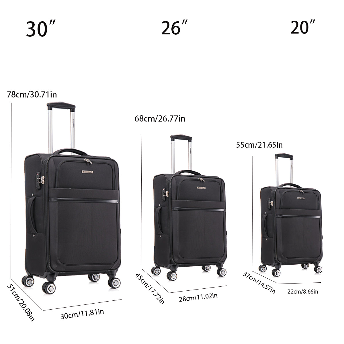 3-piece fabric soft luggage set with swivel wheels and password lock, black, 20/26/30 inches