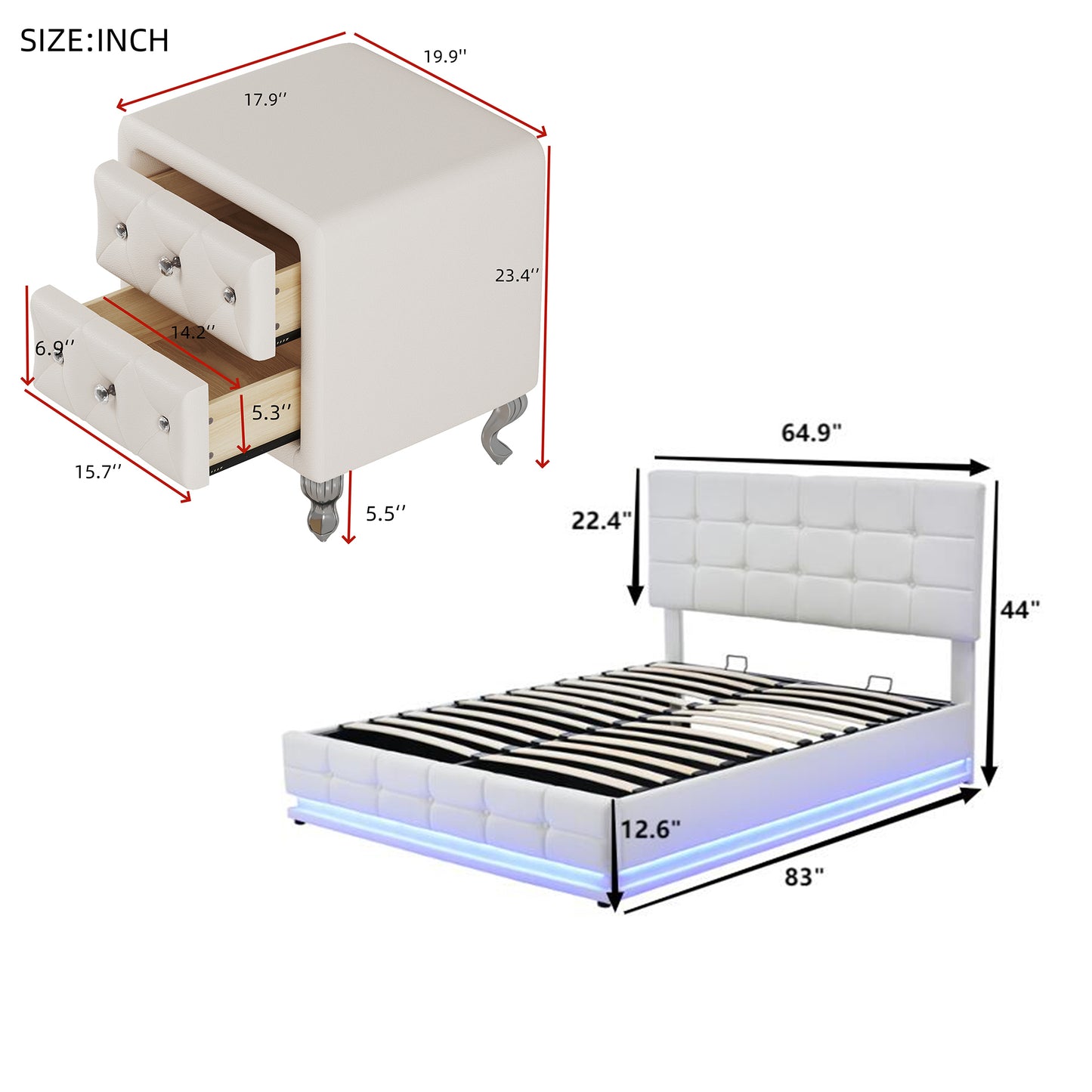 3-Pieces Bedroom Sets,Queen Size Upholstered Bed with LED Lights,Hydraulic Storage System and USB Charger, Two Nightstands with Crystal Decoration,White