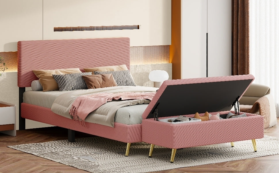 2 Pieces Bedroom Sets Queen Size Upholstered Bed Frame, Modern Corduroy  Storage Ottoman,Pink