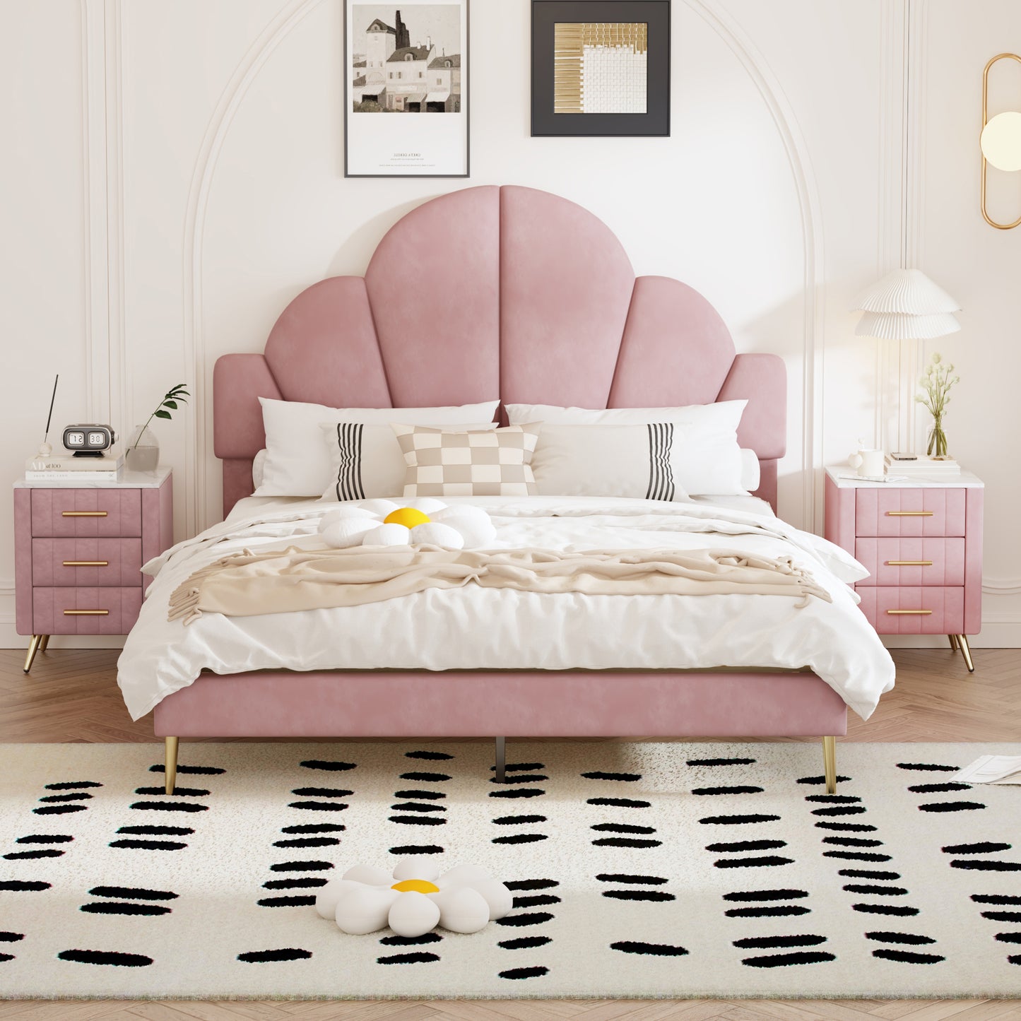 3 Pieces Bedroom Sets, Queen Size Modern Velvet Upholstered Bed Frame with  Petal Shape Headboard, 3 Drawers Nightstands, Pink