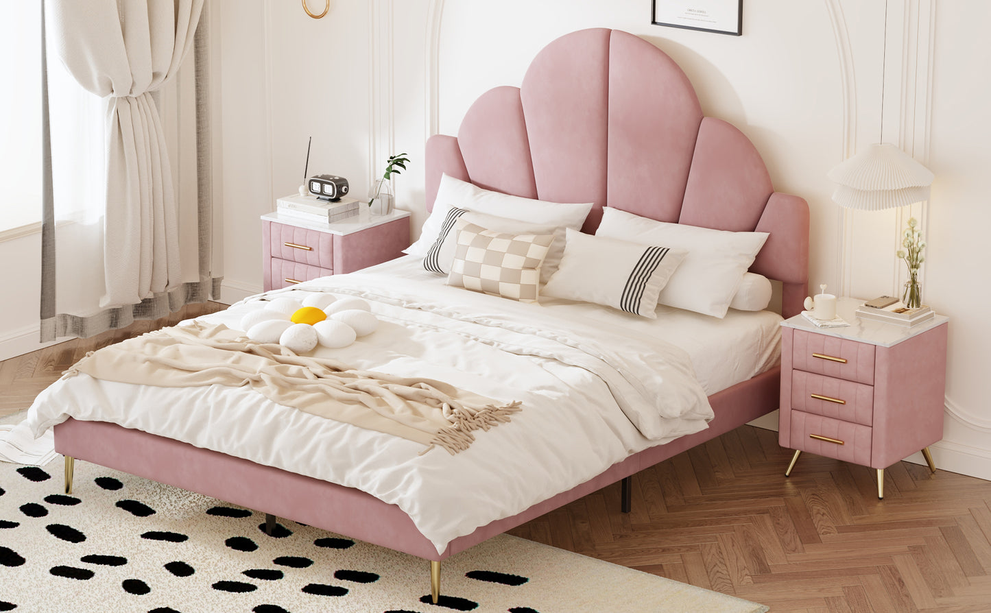 3 Pieces Bedroom Sets, Queen Size Modern Velvet Upholstered Bed Frame with  Petal Shape Headboard, 3 Drawers Nightstands, Pink