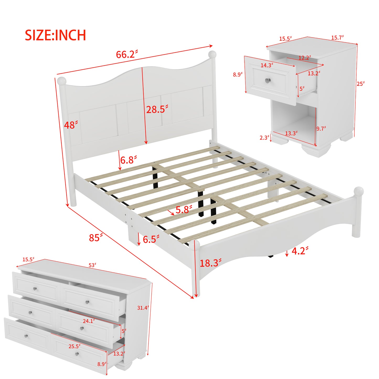 4-Pieces Retro Style Bedroom Sets, Queen Size Platform Bed with Elegant Design, Storage Nightstand and Dresser with Metal Handle, White