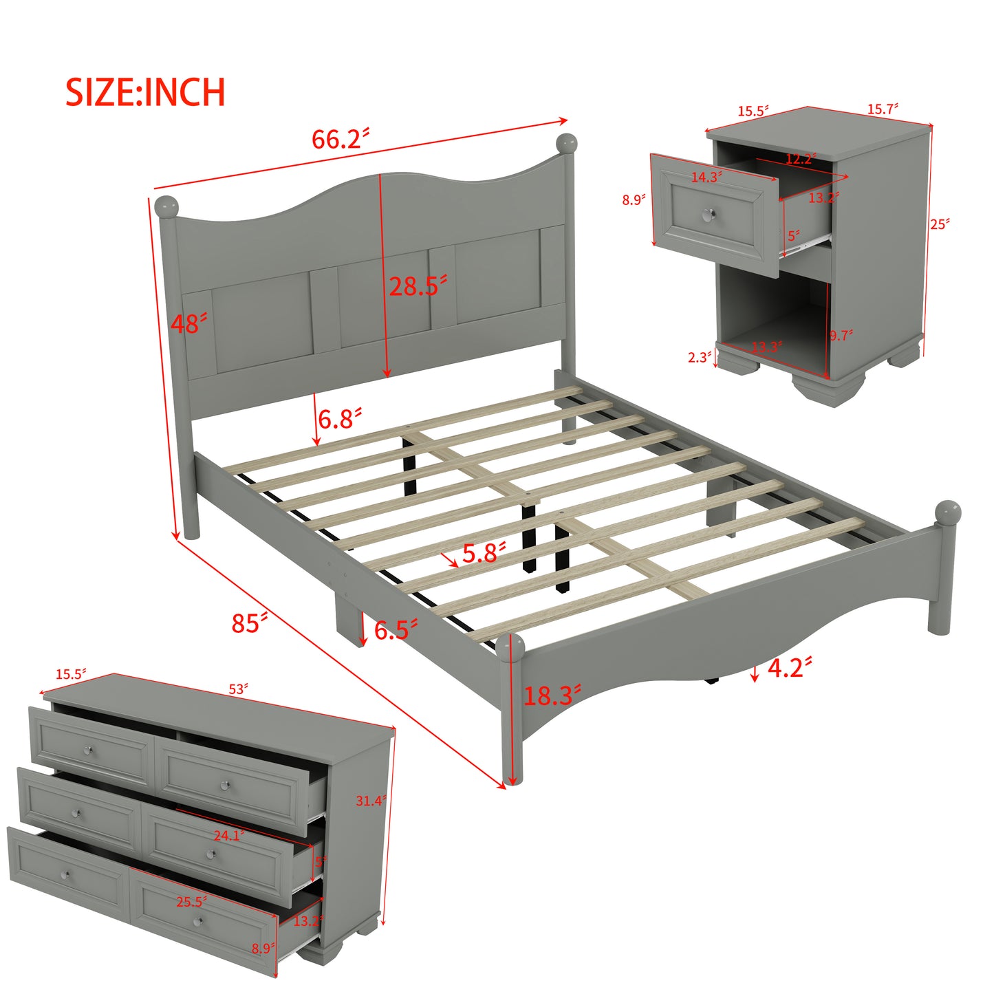 4-Pieces Retro Style Bedroom Sets, Queen Size Platform Bed with Elegant Design, Storage Nightstand and Dresser with Metal Handle, Gray