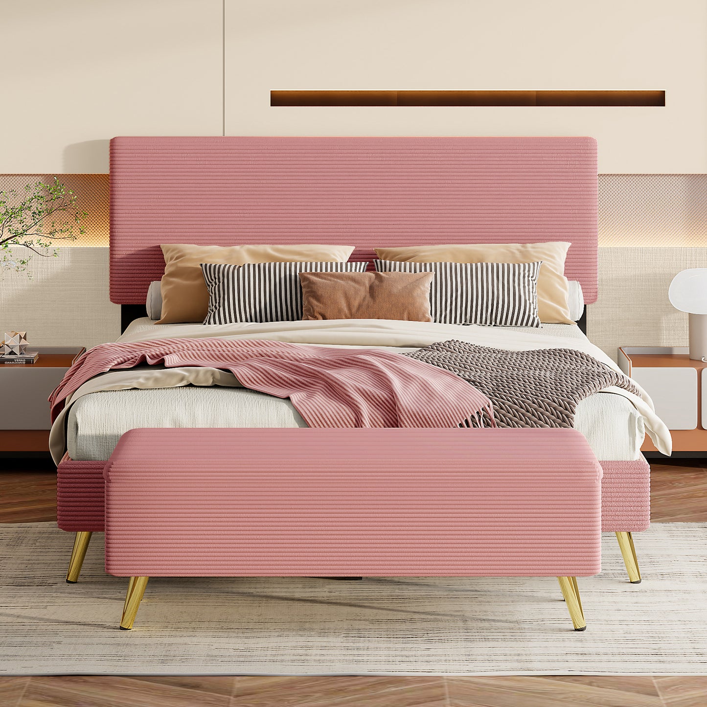 2 Pieces Bedroom Sets Queen Size Upholstered Bed Frame, Modern Corduroy  Storage Ottoman,Pink