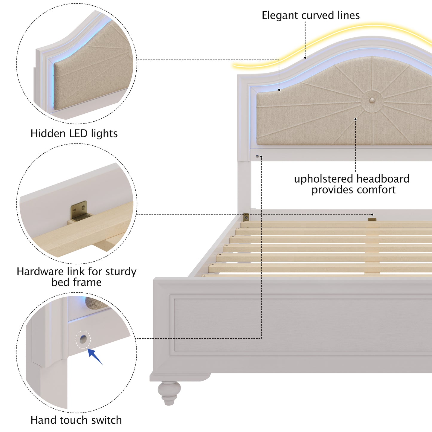 3 Pieces Bedroom Sets Full Size Wood Bed with Hidden LED Light Upholstered Headboard + 2 Nightstands, Cream Grey