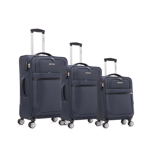 3-piece fabric soft luggage set with swivel wheels and password lock, dark blue, 20/26/30 inches