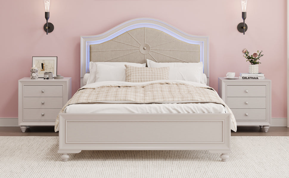 3 Pieces Bedroom Sets Full Size Wood Bed with Hidden LED Light Upholstered Headboard + 2 Nightstands, Cream Grey