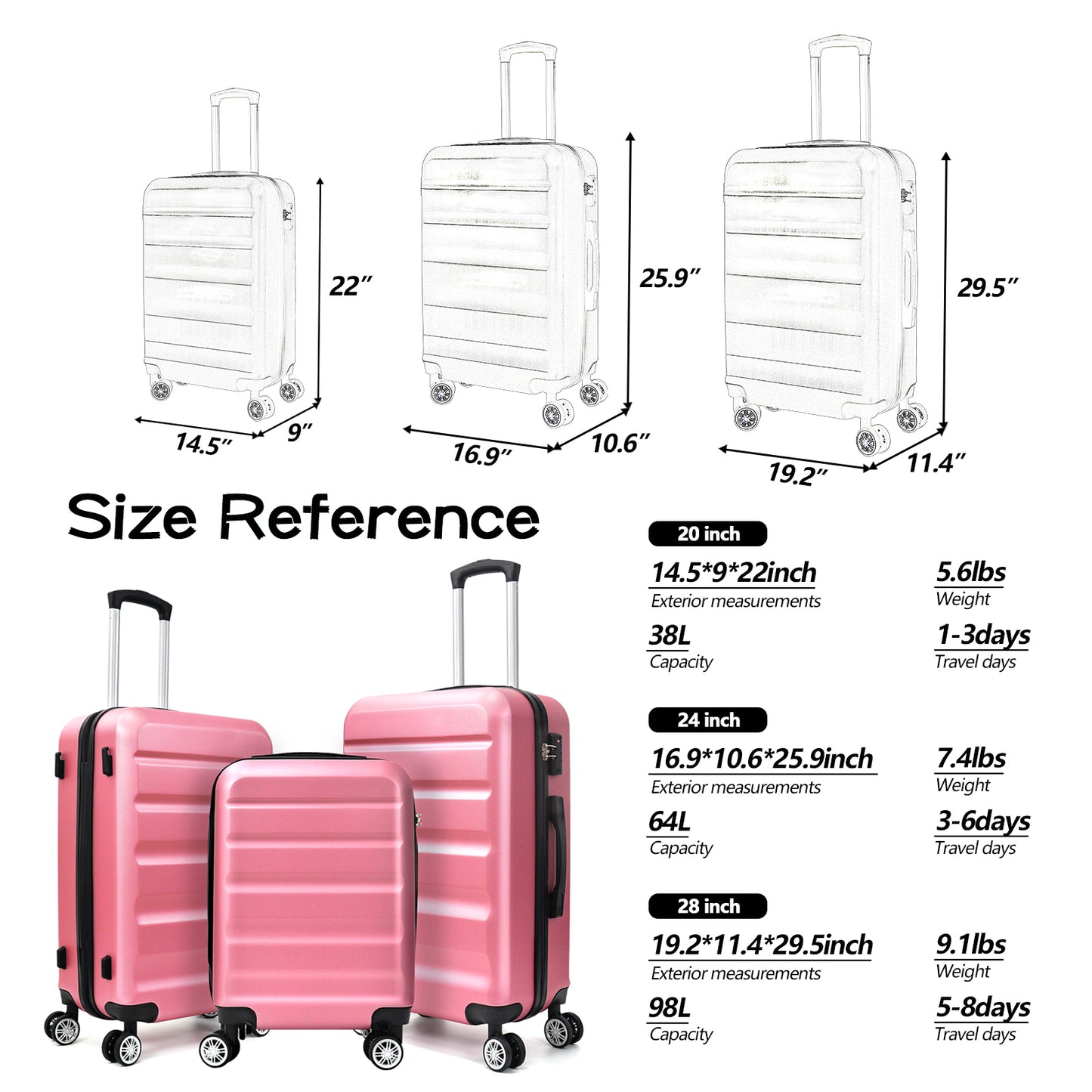 Stylish 3-Piece Luggage Set (20", 24", 28") with 360° Spinner Wheels, TSA Lock, and Durable ABS Hard Shell – Unisex Travel Suitcase Set