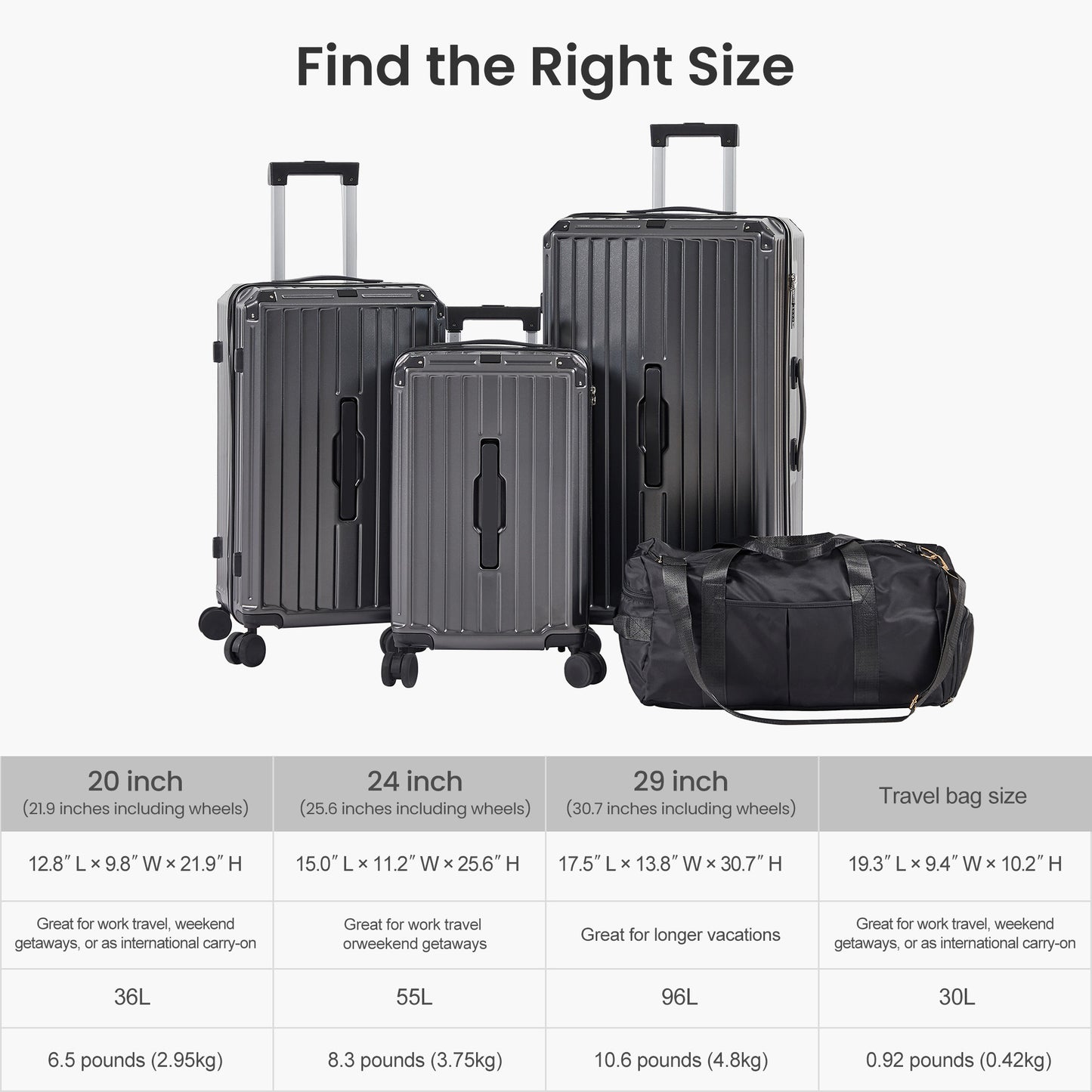 Luggage Set 4 pcs (20"/24"/29"/Travel Bag), PC+ABS Durable Lightweight Luggage with Collapsible Cup Holder, 360° Silent Spinner Wheels, TSA Lock, Gray