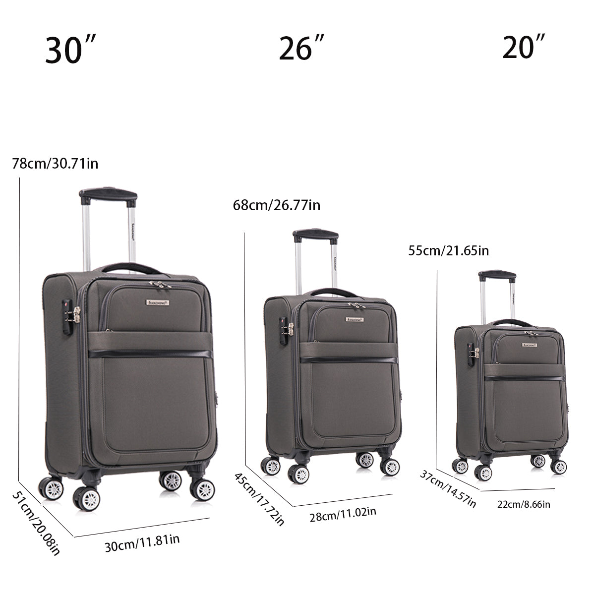 3-piece fabric soft luggage set with swivel wheels and password lock, gray, 20/26/30 inches