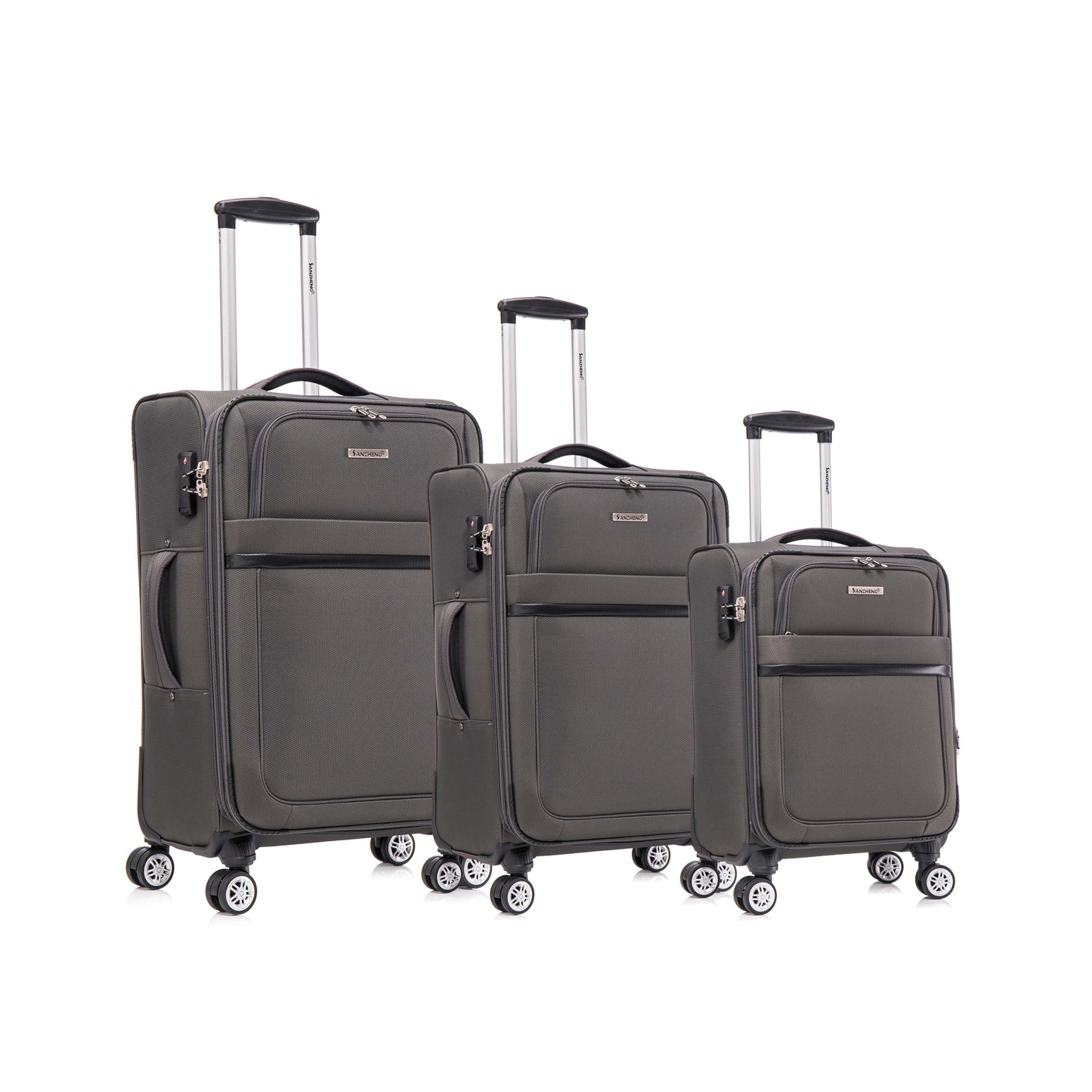 3-piece fabric soft luggage set with swivel wheels and password lock, gray, 20/26/30 inches