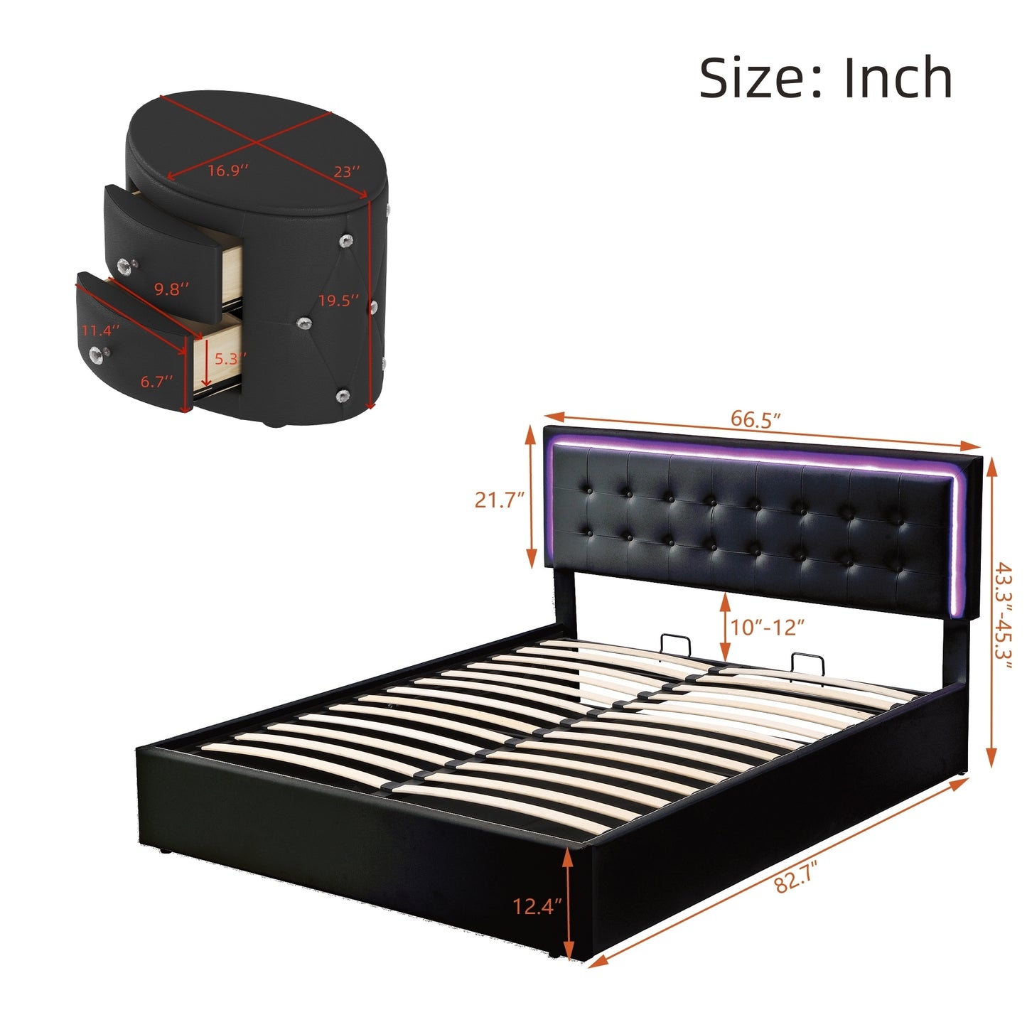 3 Pieces Bedroom Sets,Queen Size Upholstered Bed with LED Lights,Hydraulic Storage System, Two Nightstands with Crystal Decoration,Black