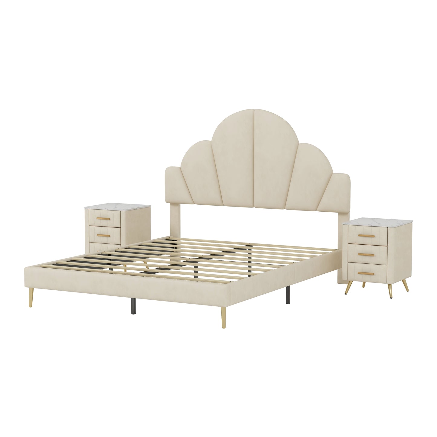 3 Pieces Bedroom Sets, Queen Size Modern Velvet Upholstered Bed Frame with  Petal Shape Headboard, 3 Drawers Nightstands, Beige