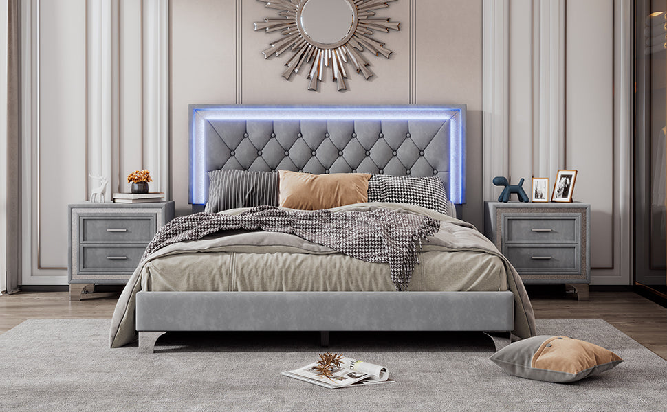 3-Pieces Bedroom Sets,Queen Size Upholstered Platform Bed with LED Lights and Two Nightstands-Gray