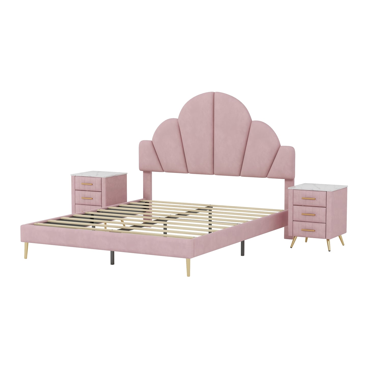 3 Pieces Bedroom Sets, Queen Size Modern Velvet Upholstered Bed Frame with  Petal Shape Headboard, 3 Drawers Nightstands, Pink