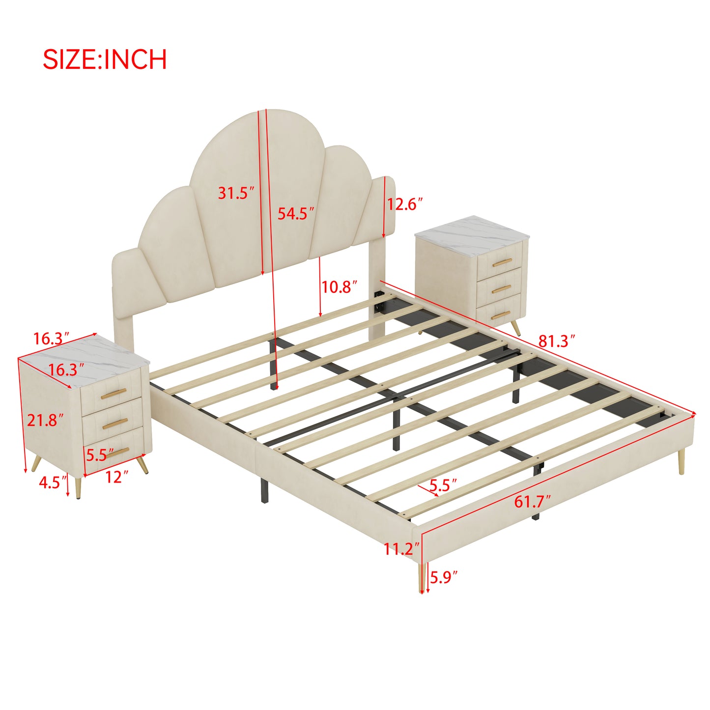 3 Pieces Bedroom Sets, Queen Size Modern Velvet Upholstered Bed Frame with  Petal Shape Headboard, 3 Drawers Nightstands, Beige