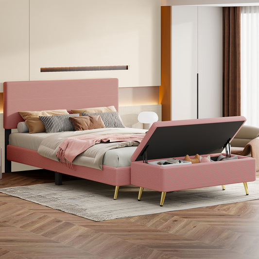 2 Pieces Bedroom Sets Queen Size Upholstered Bed Frame, Modern Corduroy  Storage Ottoman,Pink