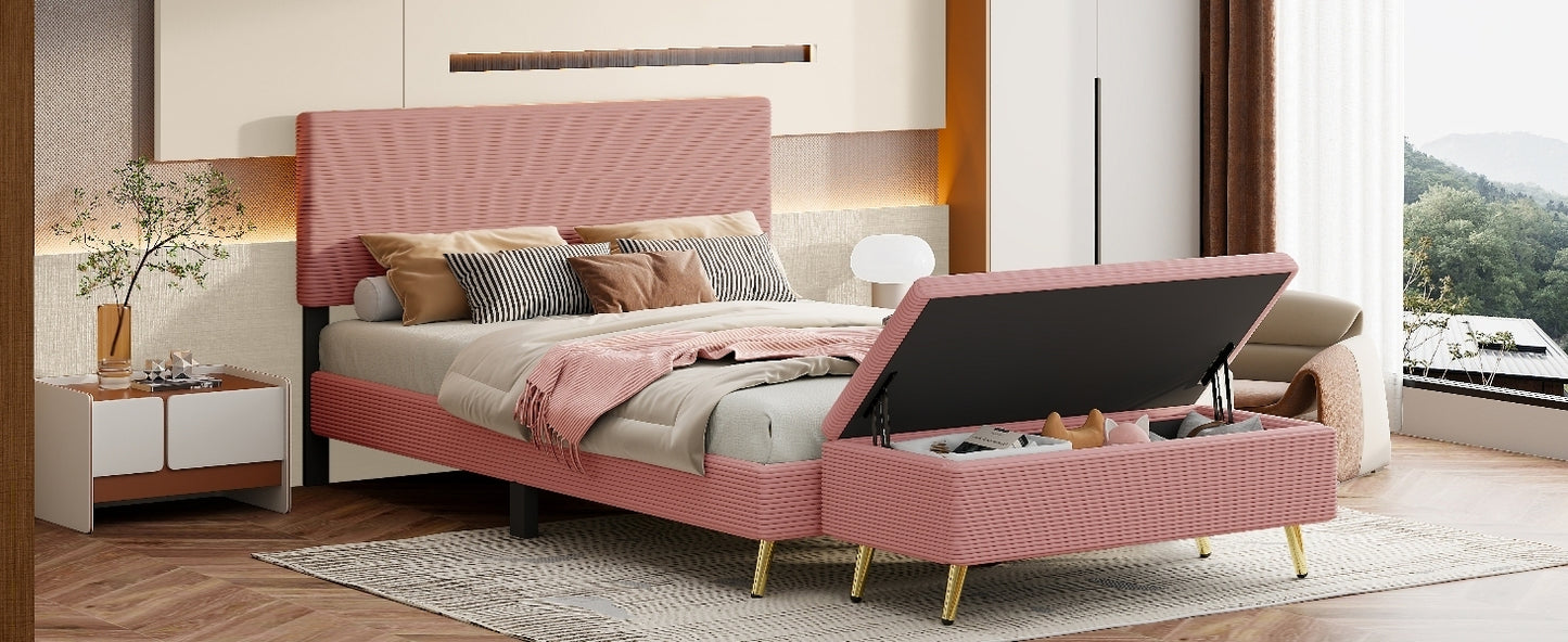 2 Pieces Bedroom Sets Queen Size Upholstered Bed Frame, Modern Corduroy  Storage Ottoman,Pink