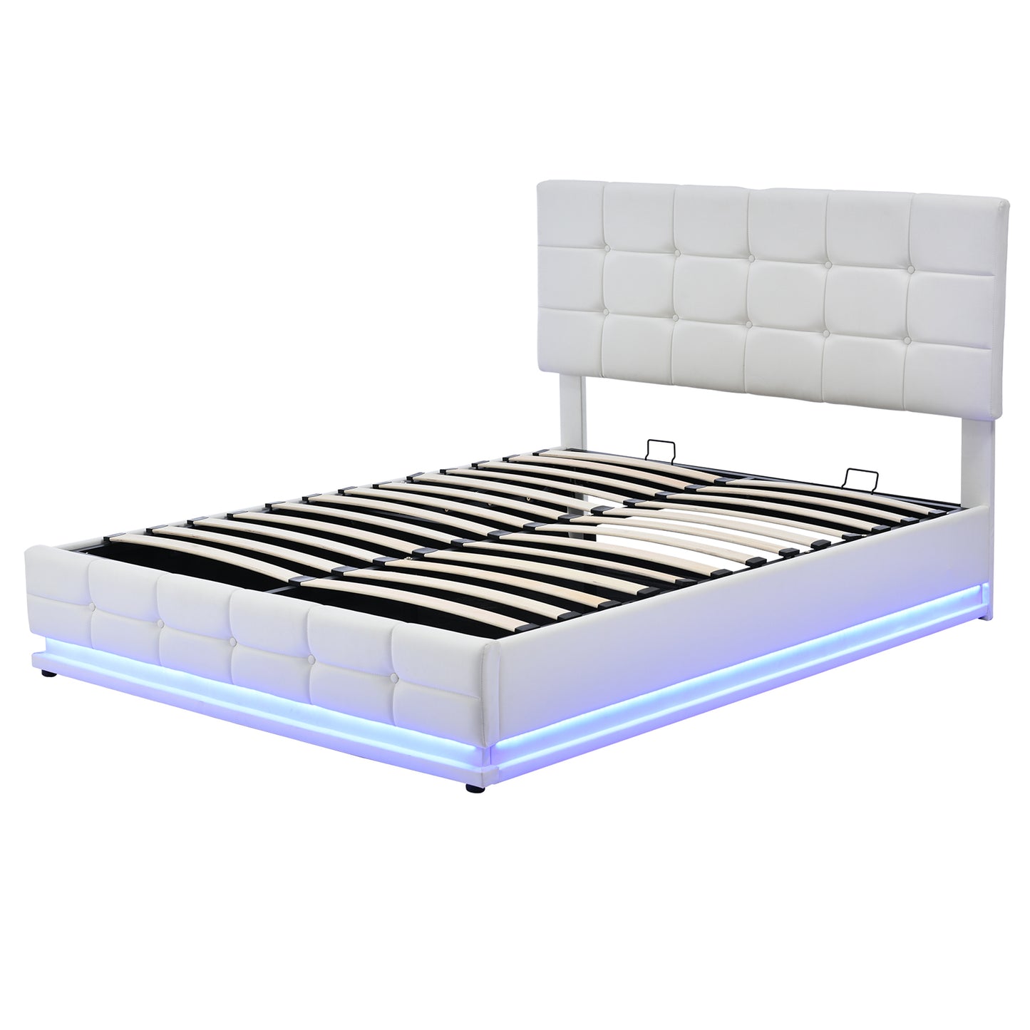 3-Pieces Bedroom Sets,Queen Size Upholstered Bed with LED Lights,Hydraulic Storage System and USB Charger, Two Nightstands with Crystal Decoration,White