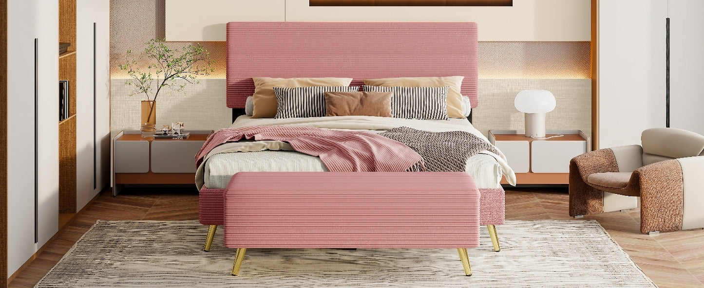 2 Pieces Bedroom Sets Queen Size Upholstered Bed Frame, Modern Corduroy  Storage Ottoman,Pink