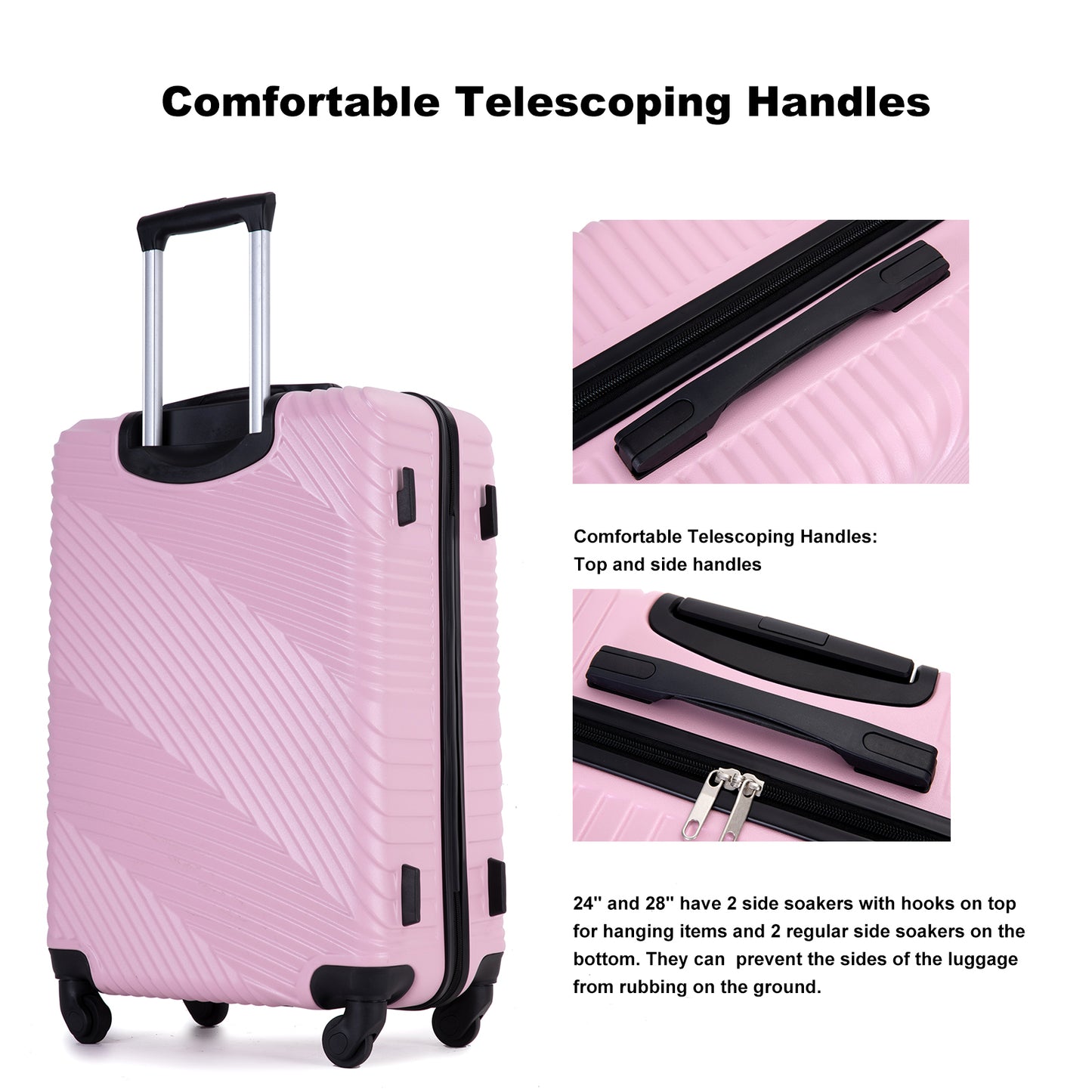 3 Piece Luggage Sets PC+ABS Lightweight Suitcase with Two Hooks, Spinner Wheels, (20/24/28) Pink