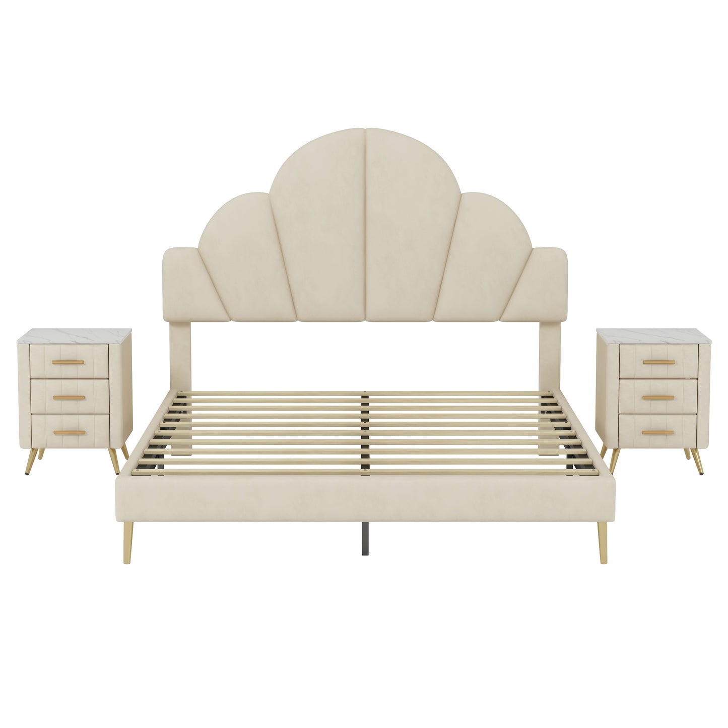 3 Pieces Bedroom Sets, Queen Size Modern Velvet Upholstered Bed Frame with  Petal Shape Headboard, 3 Drawers Nightstands, Beige