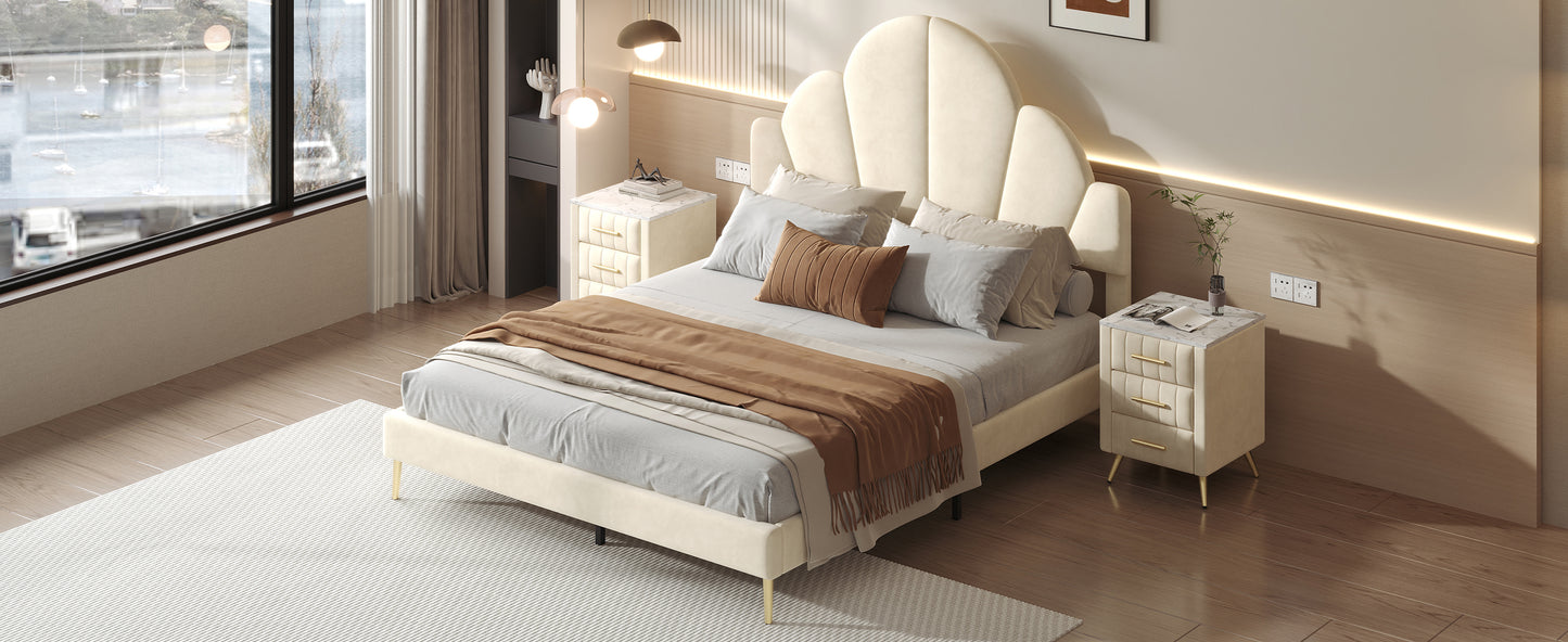 3 Pieces Bedroom Sets, Queen Size Modern Velvet Upholstered Bed Frame with  Petal Shape Headboard, 3 Drawers Nightstands, Beige