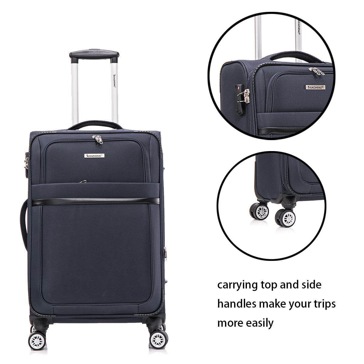 3-piece fabric soft luggage set with swivel wheels and password lock, dark blue, 20/26/30 inches