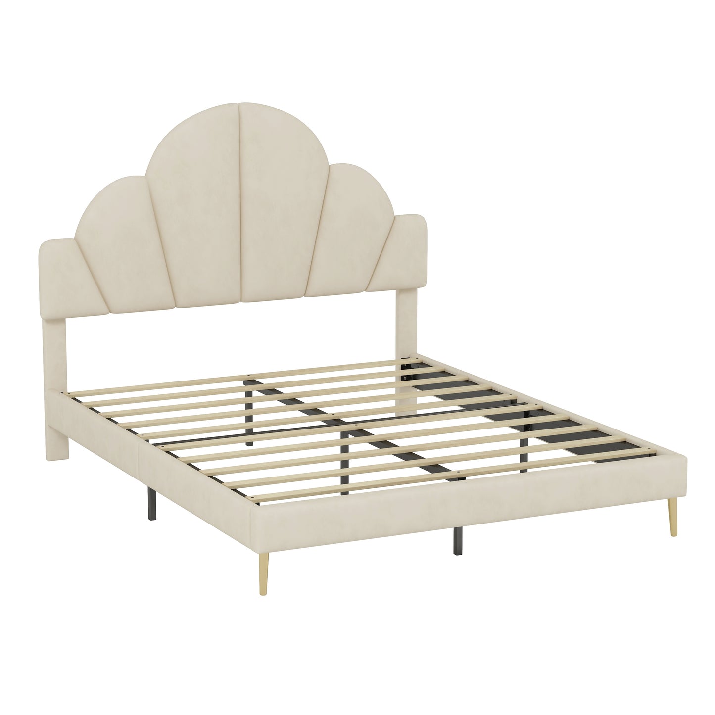 3 Pieces Bedroom Sets, Queen Size Modern Velvet Upholstered Bed Frame with  Petal Shape Headboard, 3 Drawers Nightstands, Beige