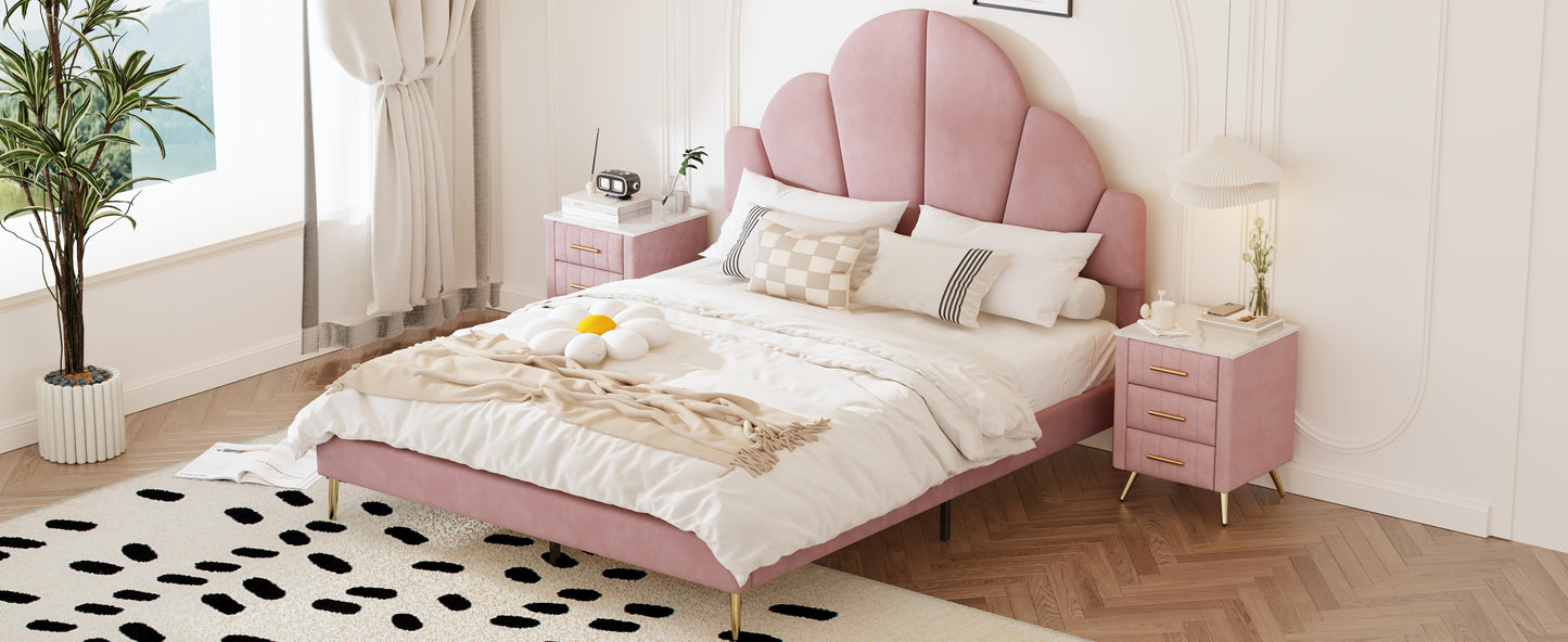 3 Pieces Bedroom Sets, Queen Size Modern Velvet Upholstered Bed Frame with  Petal Shape Headboard, 3 Drawers Nightstands, Pink