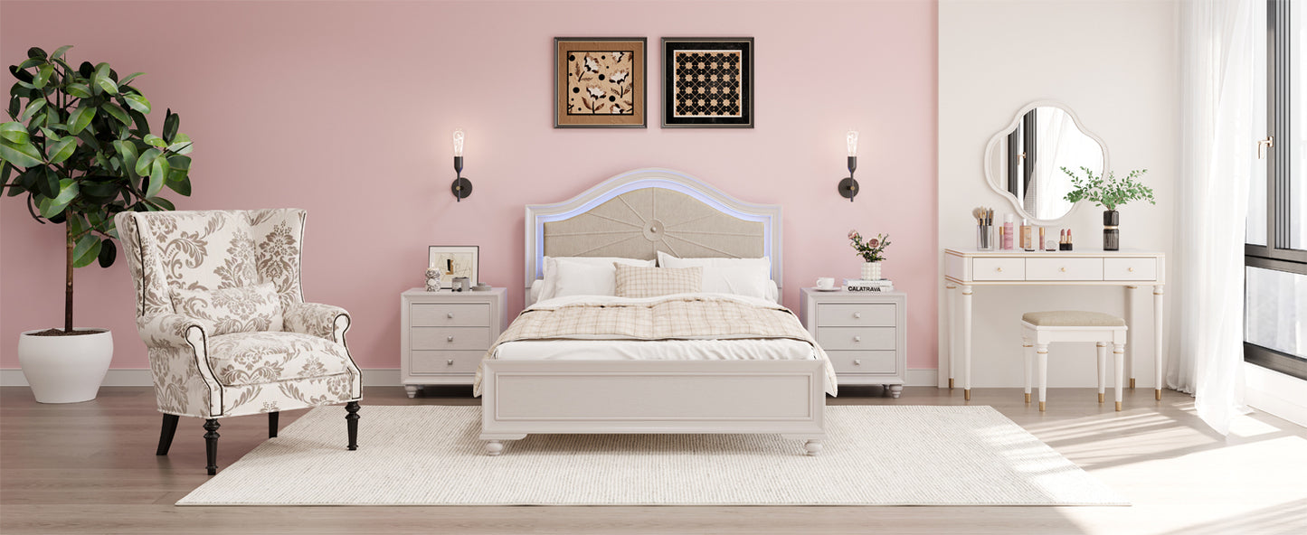 3 Pieces Bedroom Sets Full Size Wood Bed with Hidden LED Light Upholstered Headboard + 2 Nightstands, Cream Grey