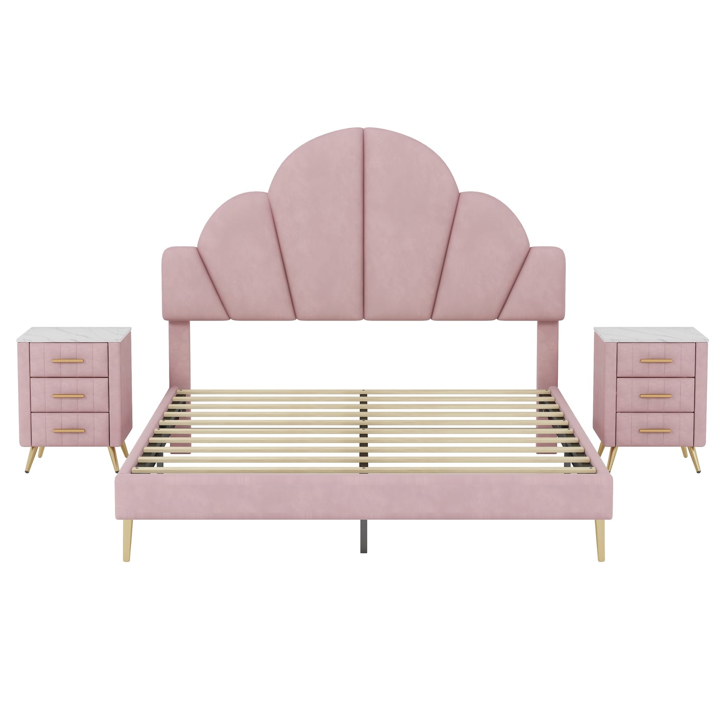 3 Pieces Bedroom Sets, Queen Size Modern Velvet Upholstered Bed Frame with  Petal Shape Headboard, 3 Drawers Nightstands, Pink