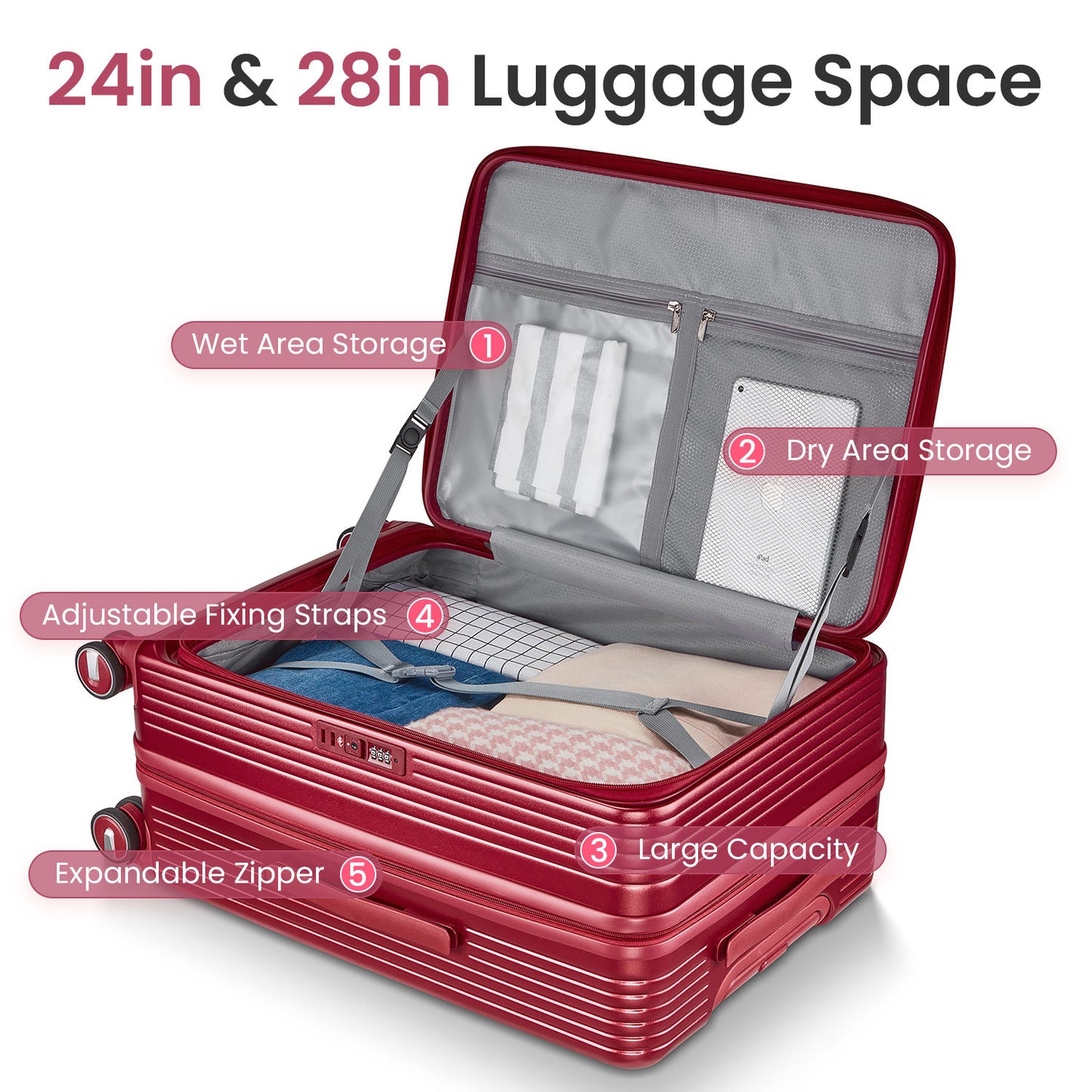 Luggage Sets 3 Piece(20/24/28), Expandable Carry On Luggage with TSA Lock Airline Approved, 100% PC Hard Shell and Lightweight Suitcase with Front Pocket and Spinner Wheels