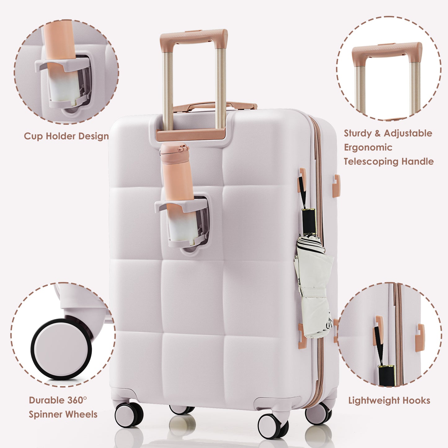 Luggage Set of 3, 20-inch with USB Port, Airline Certified Carry-on Luggage with Cup Holder, ABS Hard Shell Luggage with Spinner Wheels, light grey