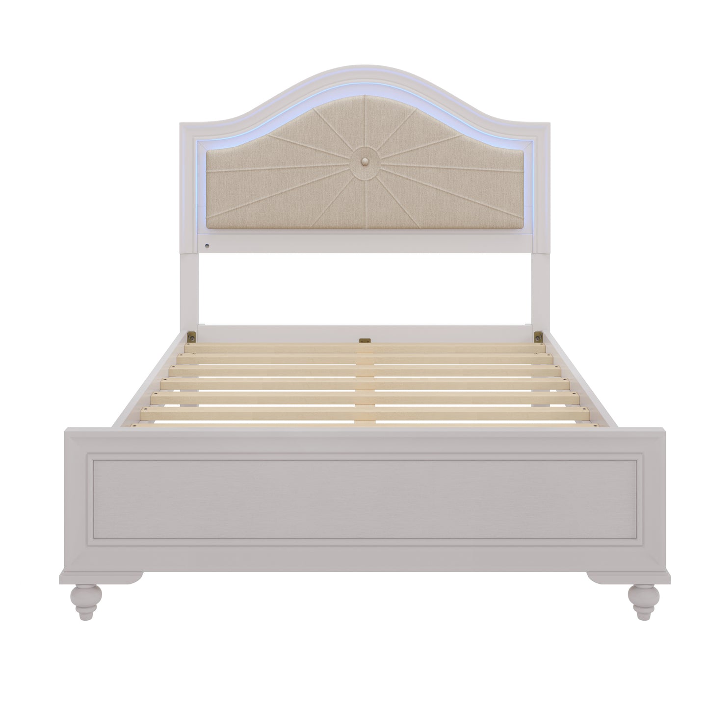 3 Pieces Bedroom Sets Full Size Wood Bed with Hidden LED Light Upholstered Headboard + 2 Nightstands, Cream Grey