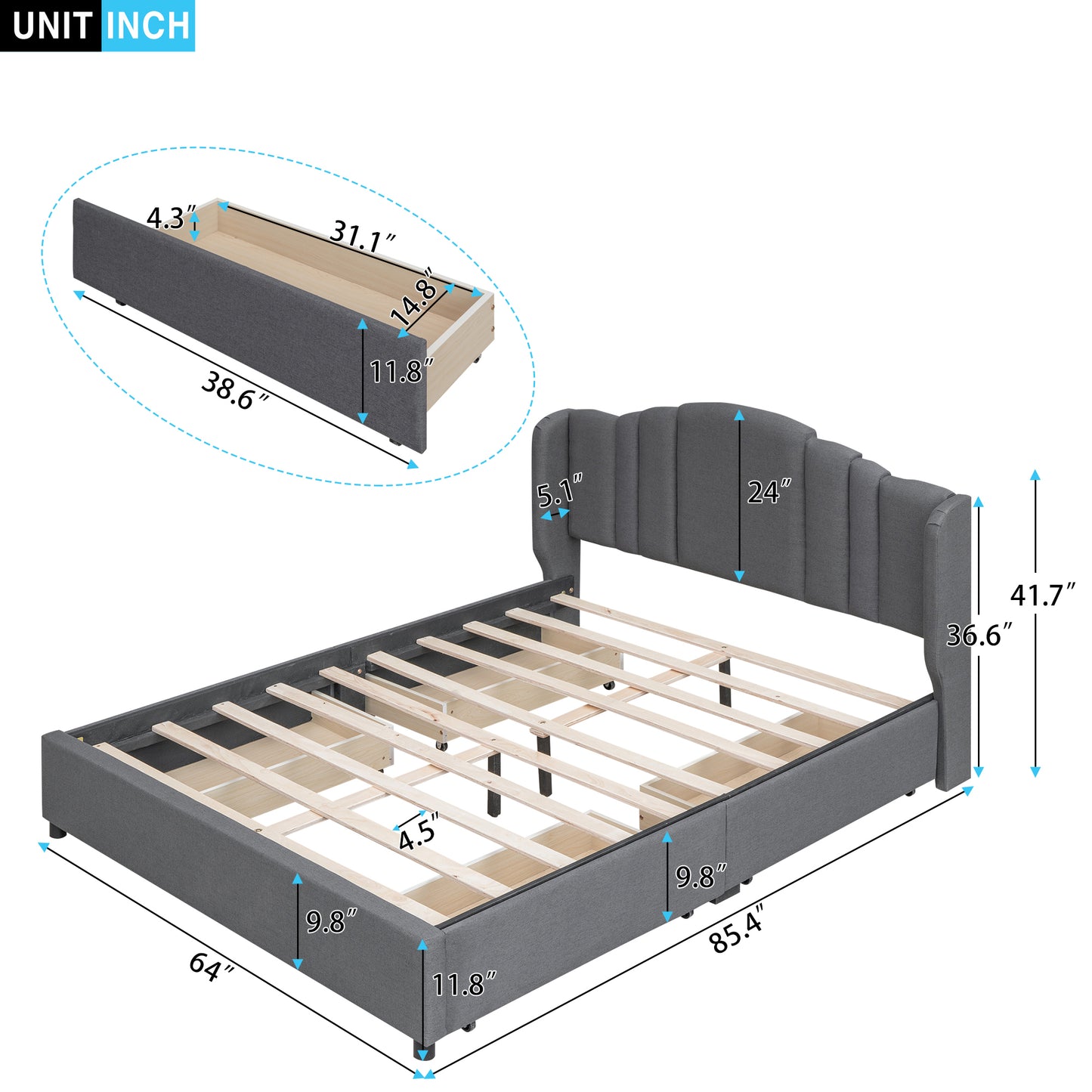 3-Pieces Bedroom Sets Queen Size Upholstered Platform Bed with 4 Drawers, Marble Top Nightstand and Storage Dresser, Gray