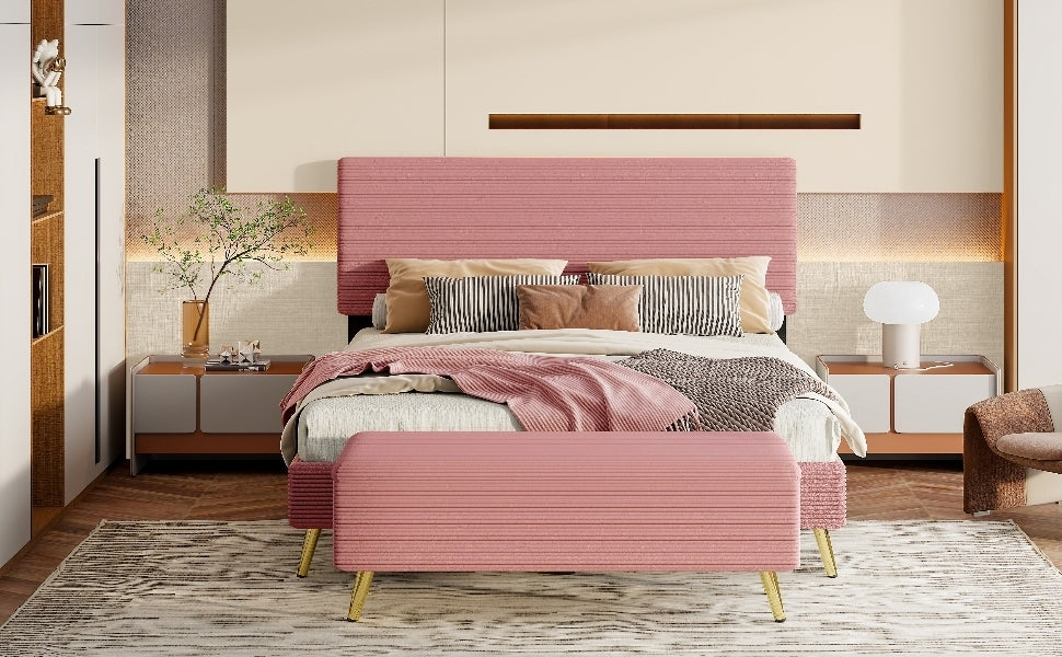 2 Pieces Bedroom Sets Queen Size Upholstered Bed Frame, Modern Corduroy  Storage Ottoman,Pink