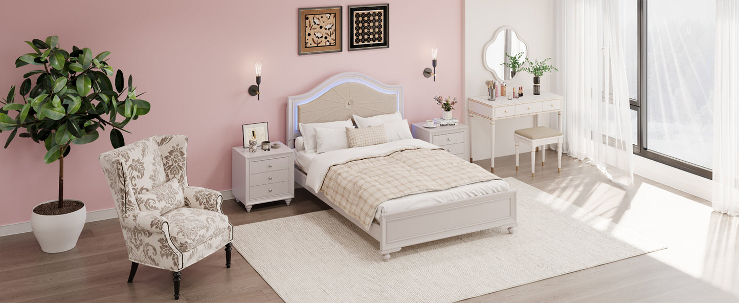 3 Pieces Bedroom Sets Full Size Wood Bed with Hidden LED Light Upholstered Headboard + 2 Nightstands, Cream Grey