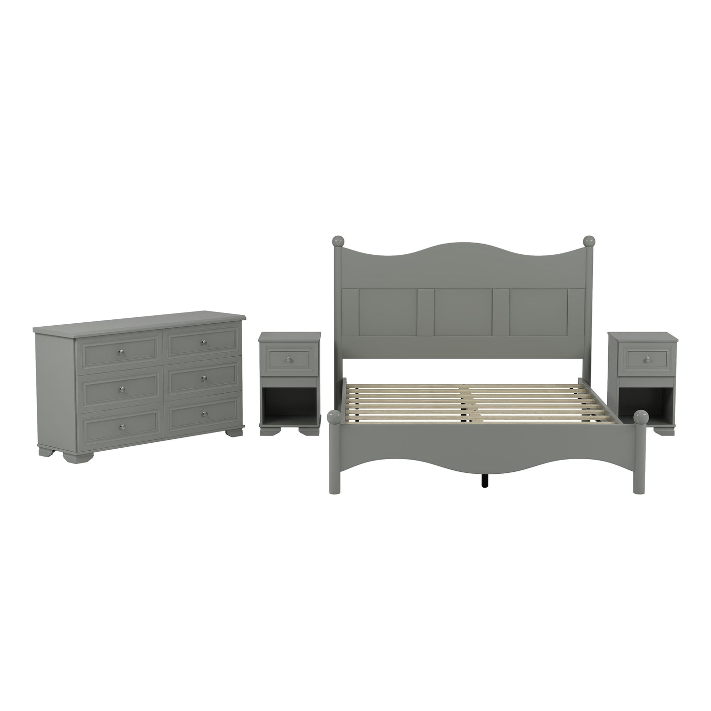 4-Pieces Retro Style Bedroom Sets, Queen Size Platform Bed with Elegant Design, Storage Nightstand and Dresser with Metal Handle, Gray