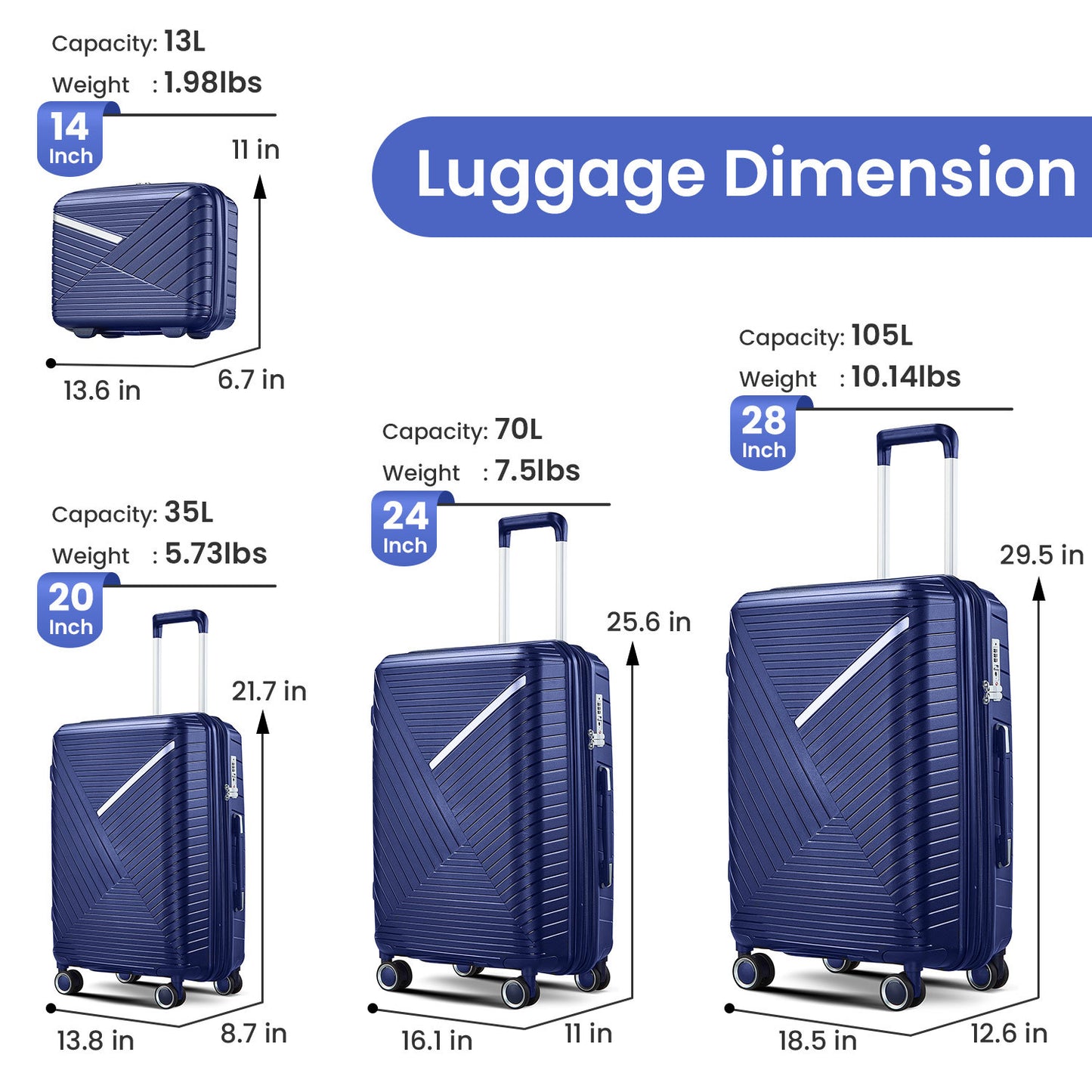 Luggage Sets 4 Piece(14/20/24/28), Expandable Lightweight Suitcase with 4 Double 360 Degrees Mute Spinner Wheels PP Materials Durable TSA Lock Travel Luggage