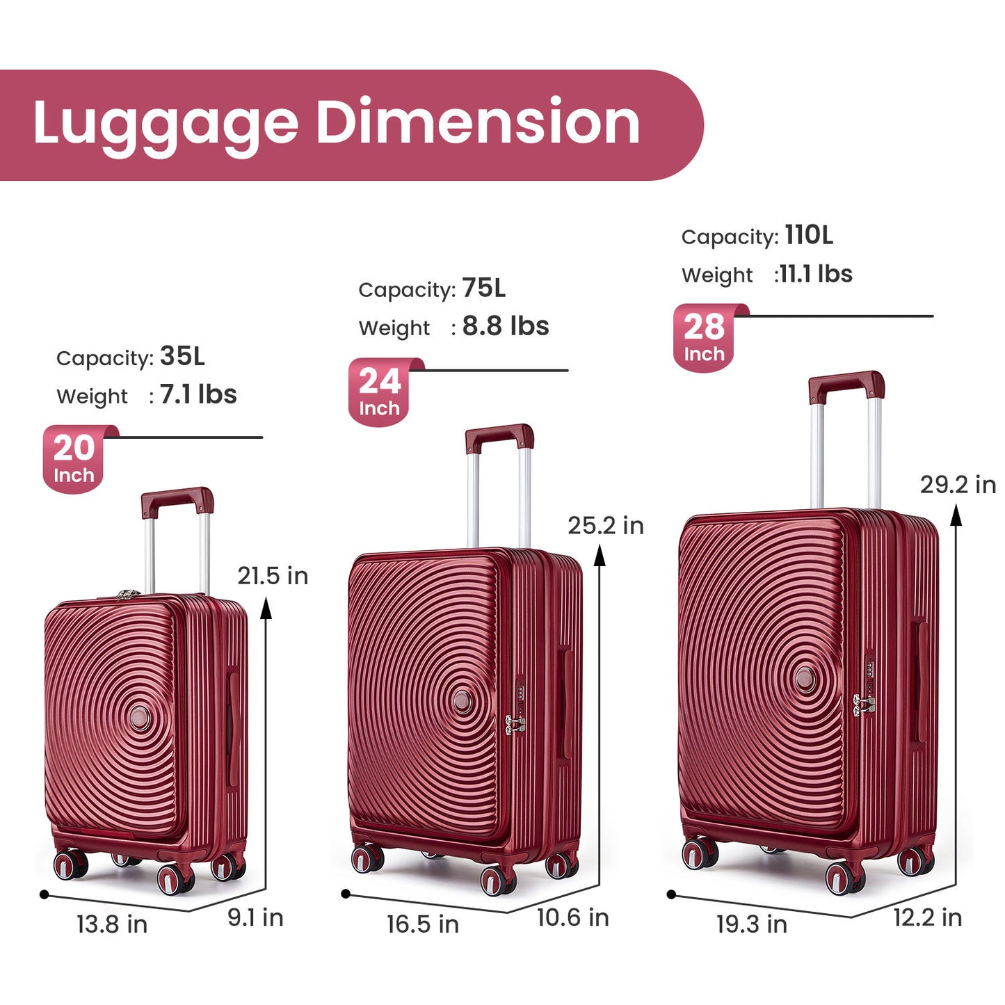 Luggage Sets 3 Piece(20/24/28), Expandable Carry On Luggage with TSA Lock Airline Approved, 100% PC Hard Shell and Lightweight Suitcase with Front Pocket and Spinner Wheels