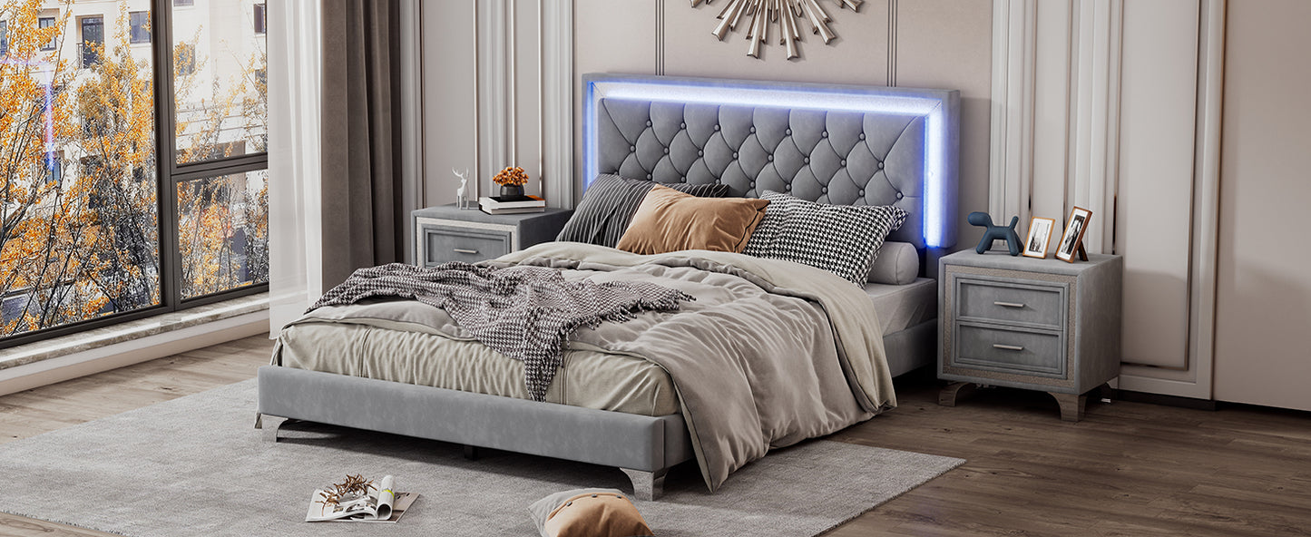 3-Pieces Bedroom Sets,Queen Size Upholstered Platform Bed with LED Lights and Two Nightstands-Gray