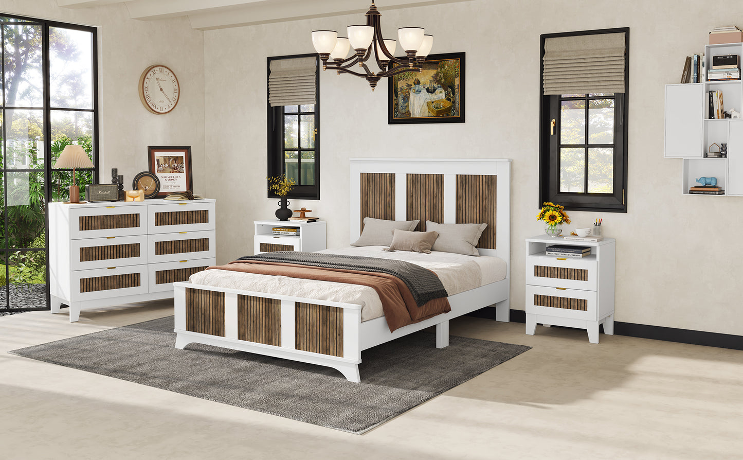 4-Pieces Bedroom Sets, Full Size Farmhouse Platform Bed with Wooden Strip Decoration, Storage Nightstand and Dresser with Metal Handle, White