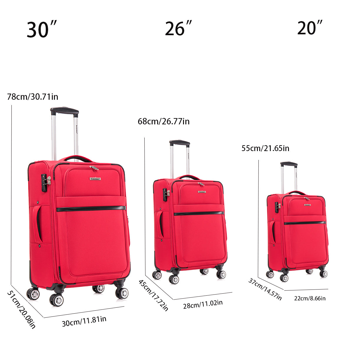 3-piece fabric soft luggage set with swivel wheels and password lock, 20/26/30 inches