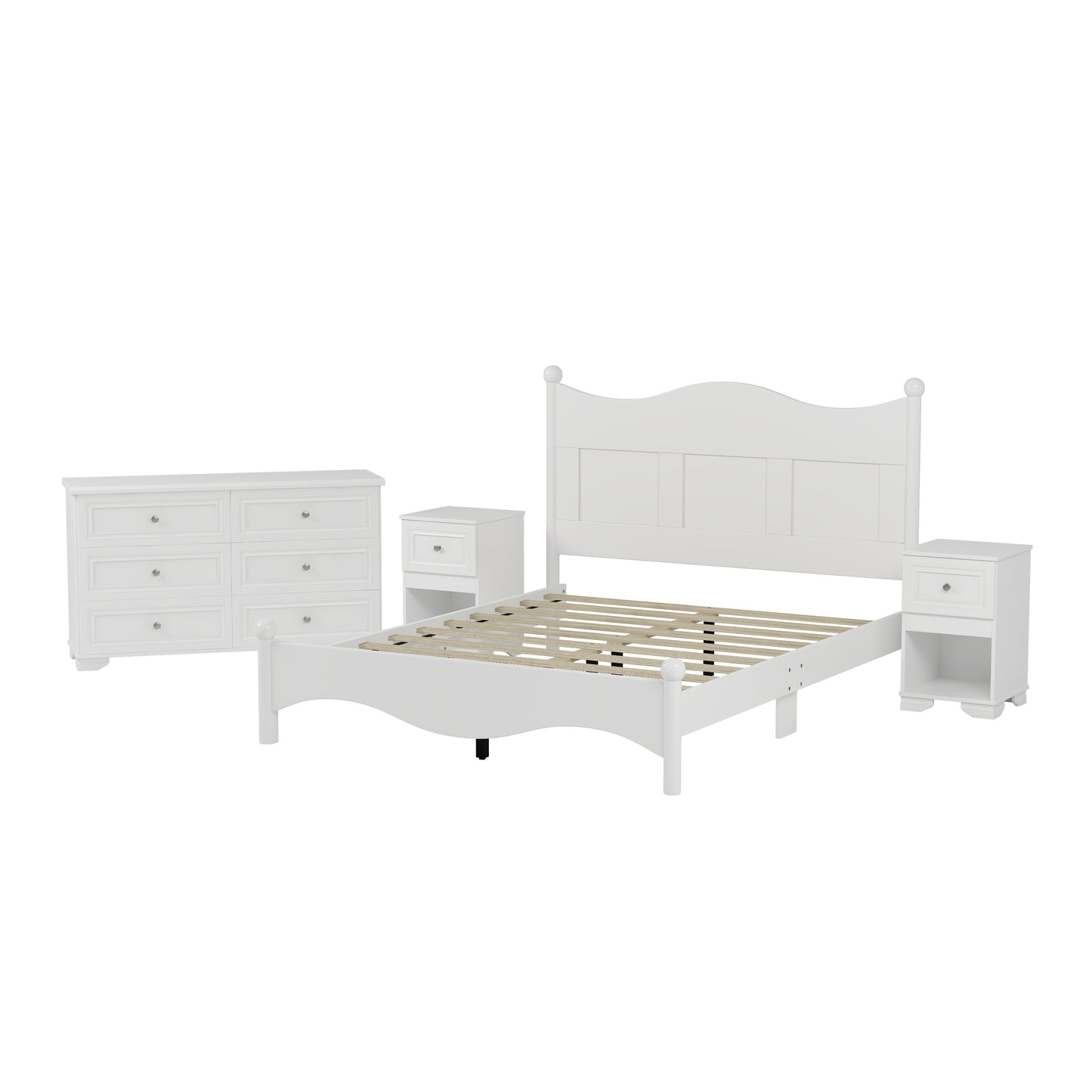 4-Pieces Retro Style Bedroom Sets, Queen Size Platform Bed with Elegant Design, Storage Nightstand and Dresser with Metal Handle, White